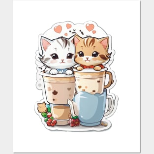 Cute Kittens With A Cup Of Milk Tea Posters and Art